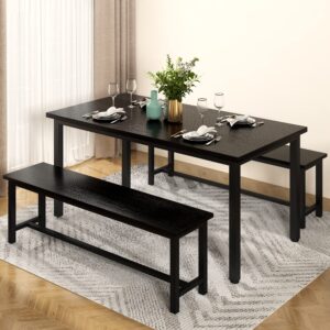 awqm dining table set with two benches, kitchen table set for 4-6 persons, kitchen table of 47.2 x 28.7 x 28.7 inches, bench of 41.3 x 11.8 x 17.7 inches each, black
