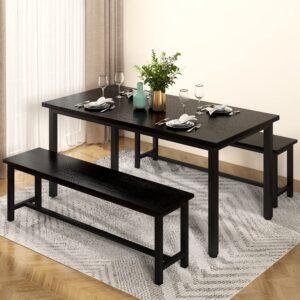 AWQM Dining Table Set with Two Benches, Kitchen Table Set for 4-6 Persons, Kitchen Table of 47.2 x 28.7 x 28.7 Inches, Bench of 41.3 x 11.8 x 17.7 Inches Each, Black