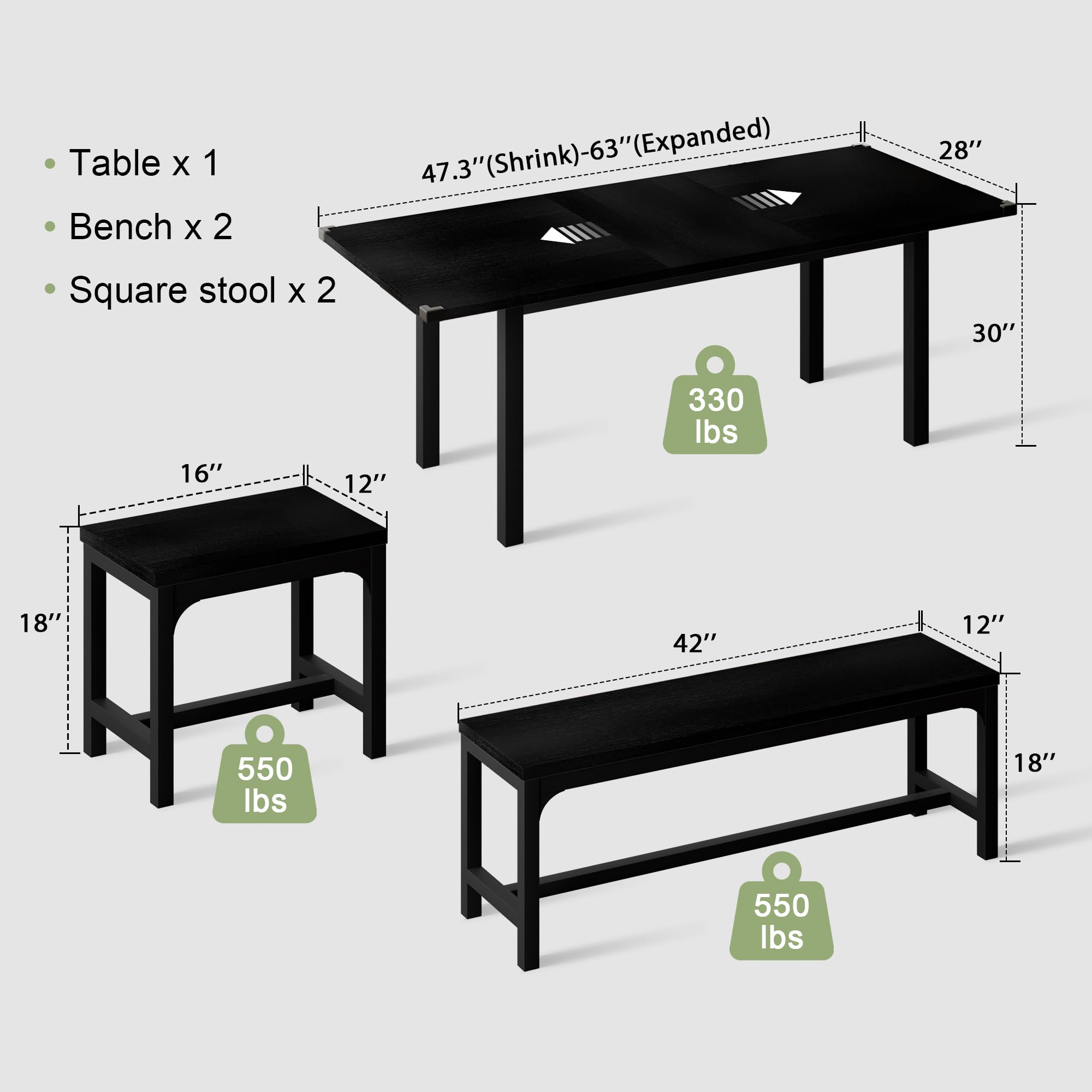 Feonase 5-Piece Dining Table Set for 4-8 People, 63" Large Extendable Kitchen Table Set with 2 Benches and 2 Square Stools, Dining Room Table with MDF Wood Board, Easy Assembly, Black