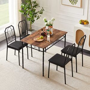 VECELO 5 Pieces Sets,43.3" Table&Chairs for 4,Industrial Counter Height Tabletop with Bar Stools, Rectangle Breakfast Chairs, Living Room, Apartment, Dining Table for 4, Brown