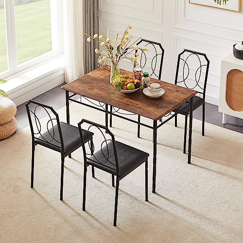 VECELO 5 Pieces Sets,43.3" Table&Chairs for 4,Industrial Counter Height Tabletop with Bar Stools, Rectangle Breakfast Chairs, Living Room, Apartment, Dining Table for 4, Brown