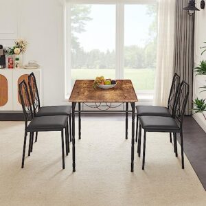 VECELO 5 Pieces Sets,43.3" Table&Chairs for 4,Industrial Counter Height Tabletop with Bar Stools, Rectangle Breakfast Chairs, Living Room, Apartment, Dining Table for 4, Brown