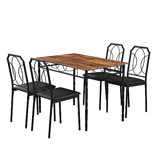 VECELO 5 Pieces Sets,43.3" Table&Chairs for 4,Industrial Counter Height Tabletop with Bar Stools, Rectangle Breakfast Chairs, Living Room, Apartment, Dining Table for 4, Brown