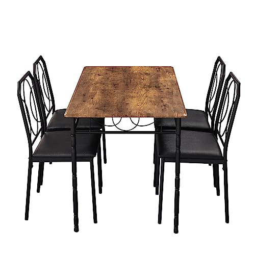 VECELO 5 Pieces Sets,43.3" Table&Chairs for 4,Industrial Counter Height Tabletop with Bar Stools, Rectangle Breakfast Chairs, Living Room, Apartment, Dining Table for 4, Brown