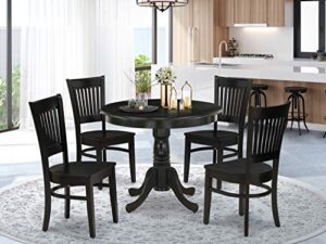 east west furniture anva5-blk-w 5 piece modern dining table set includes a round kitchen table with pedestal and 4 dining room chairs, 36x36 inch, black