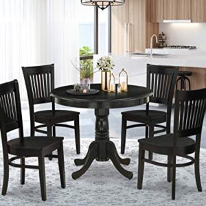 East West Furniture ANVA5-BLK-W 5 Piece Modern Dining Table Set Includes a Round Kitchen Table with Pedestal and 4 Dining Room Chairs, 36x36 Inch, Black