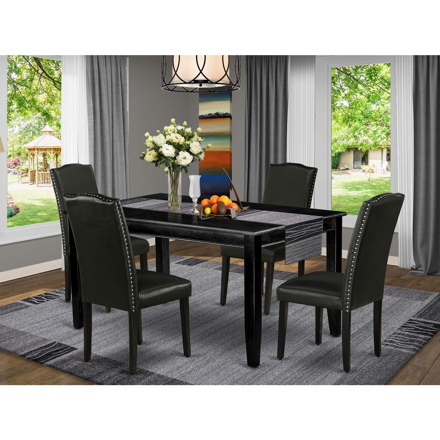 East West Furniture DUEN5-BLK-69 Dudley 5 Piece Room Set Includes a Rectangle Kitchen Table and 4 Black Faux Leather Parsons Dining Chairs, 36x60 Inch