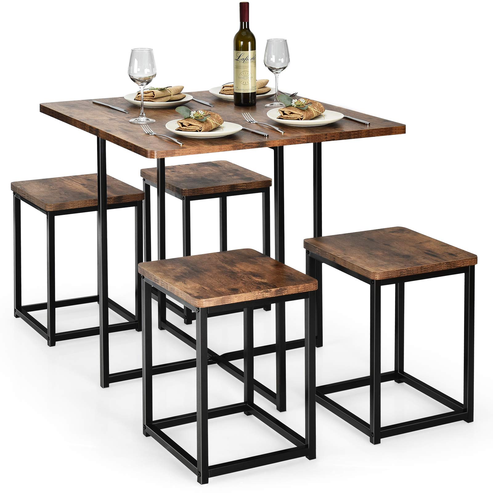 Giantex 5 Piece Dining Table Set, Dining Set for 4 with Square Stools, Small Kitchen Table Set with Metal Frame, Compact Design for Small Space, Home Kitchen Bar Pub Apartment