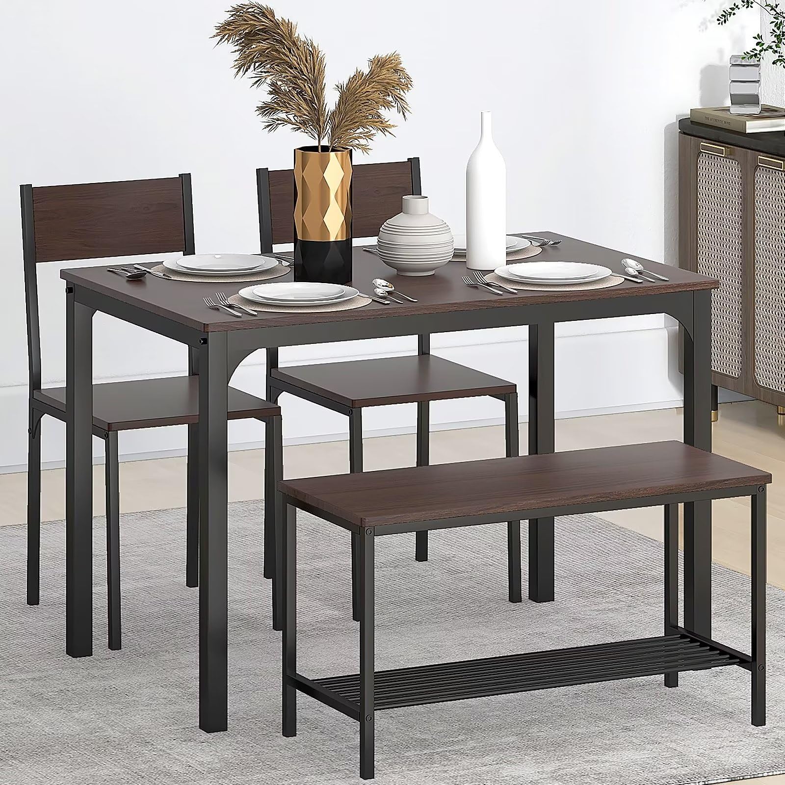 SogesGame Dining Table Set for 4, 43" Dining Room Table with Bench and 2 Chairs, 4 Pieces Modern Kitchen Table Set for Breakfast Nook, Dinette, Kitchen and Dining Room, Dark Walnut