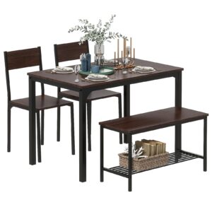 SogesGame Dining Table Set for 4, 43" Dining Room Table with Bench and 2 Chairs, 4 Pieces Modern Kitchen Table Set for Breakfast Nook, Dinette, Kitchen and Dining Room, Dark Walnut