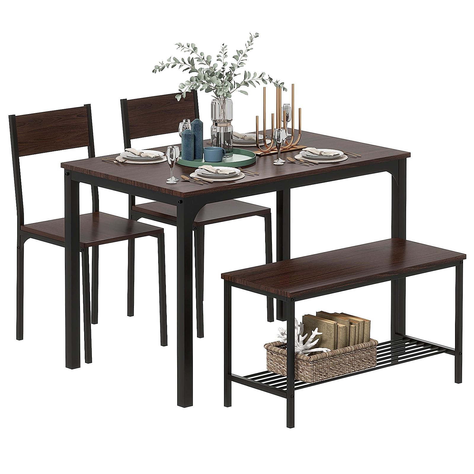 SogesGame Dining Table Set for 4, 43" Dining Room Table with Bench and 2 Chairs, 4 Pieces Modern Kitchen Table Set for Breakfast Nook, Dinette, Kitchen and Dining Room, Dark Walnut