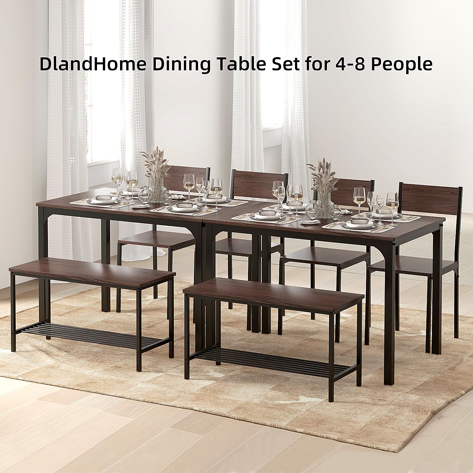 SogesGame Dining Table Set for 4, 43" Dining Room Table with Bench and 2 Chairs, 4 Pieces Modern Kitchen Table Set for Breakfast Nook, Dinette, Kitchen and Dining Room, Dark Walnut