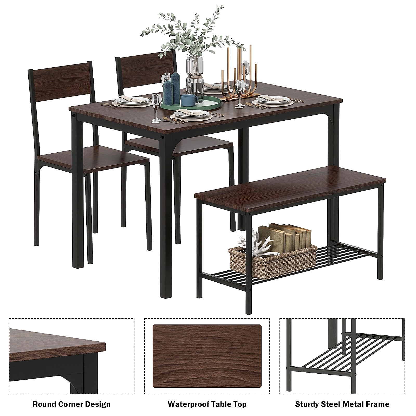 SogesGame Dining Table Set for 4, 43" Dining Room Table with Bench and 2 Chairs, 4 Pieces Modern Kitchen Table Set for Breakfast Nook, Dinette, Kitchen and Dining Room, Dark Walnut