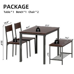 SogesGame Dining Table Set for 4, 43" Dining Room Table with Bench and 2 Chairs, 4 Pieces Modern Kitchen Table Set for Breakfast Nook, Dinette, Kitchen and Dining Room, Dark Walnut