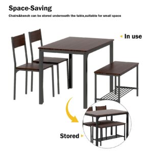 SogesGame Dining Table Set for 4, 43" Dining Room Table with Bench and 2 Chairs, 4 Pieces Modern Kitchen Table Set for Breakfast Nook, Dinette, Kitchen and Dining Room, Dark Walnut