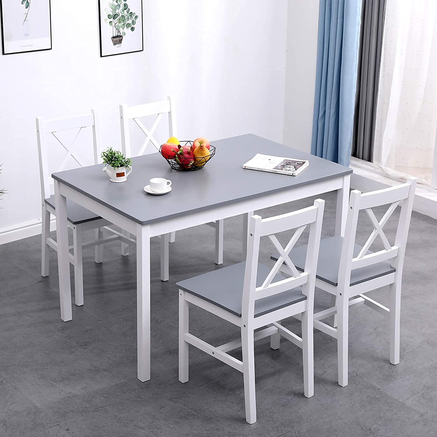 SogesPower 4-Person Dining Table Set 5 Pieces, Wood Kitchen Table Set with 4 Chairs for Kitchen Dining Room Restaurant, Grey and White