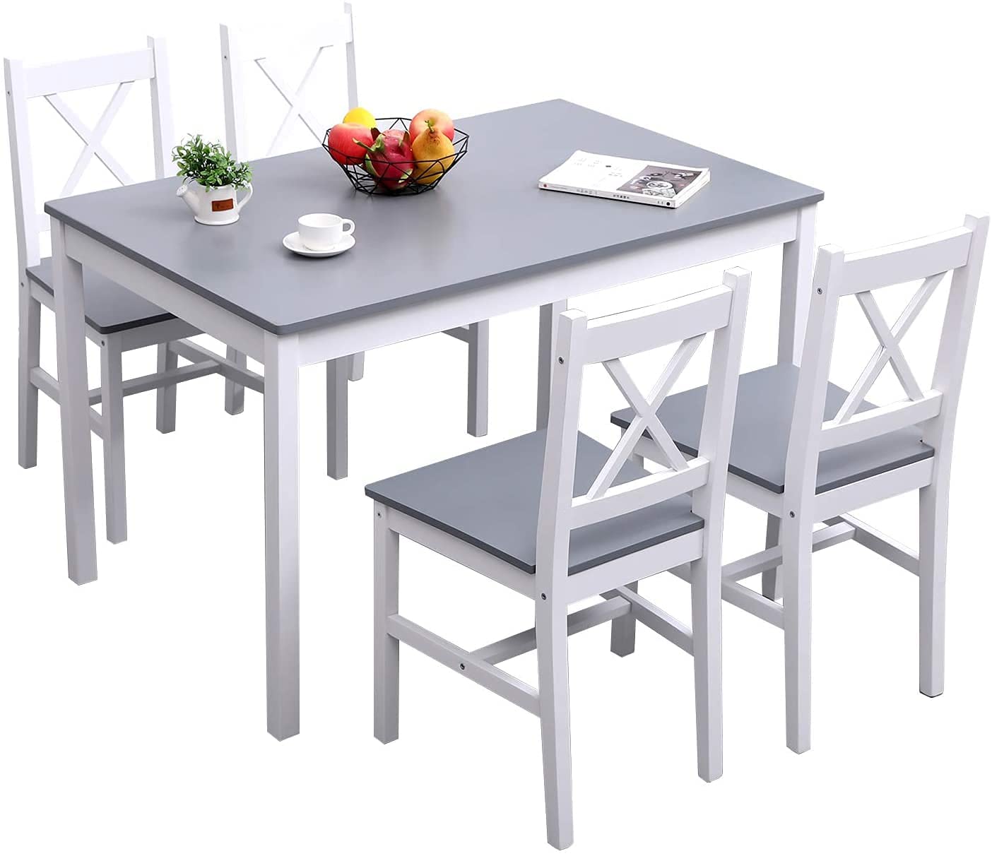 SogesPower 4-Person Dining Table Set 5 Pieces, Wood Kitchen Table Set with 4 Chairs for Kitchen Dining Room Restaurant, Grey and White