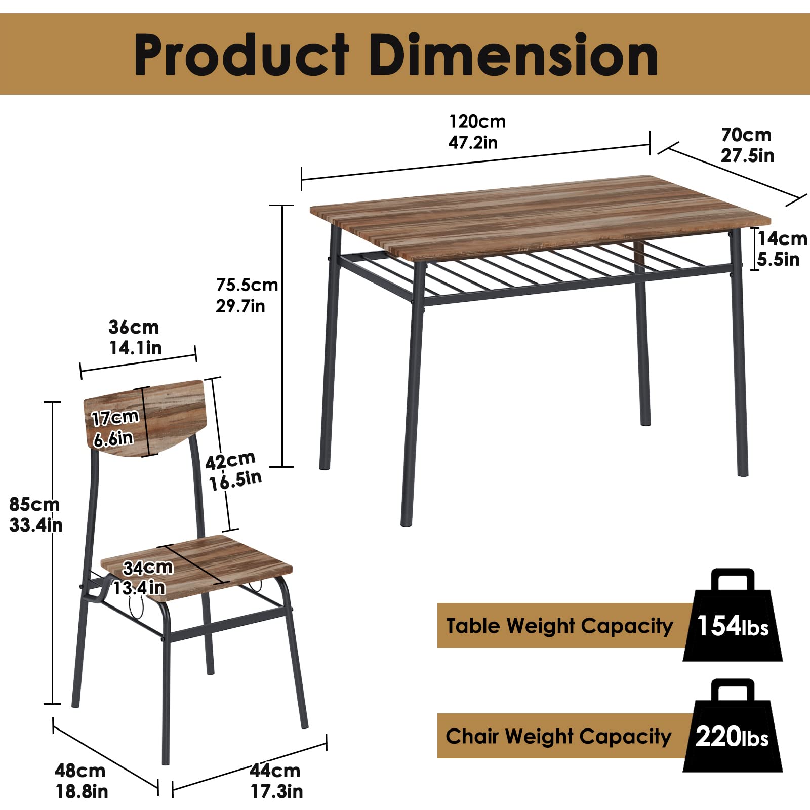 soges 5 Piece Dining Table Set for 4 Person, Kitchen Table and 4 Chairs with Storage Rack, Modern Dining Room Set Bistro Table Set Dinette Set with Wooden Top and Metal Legs, 10FJHYDS01OK