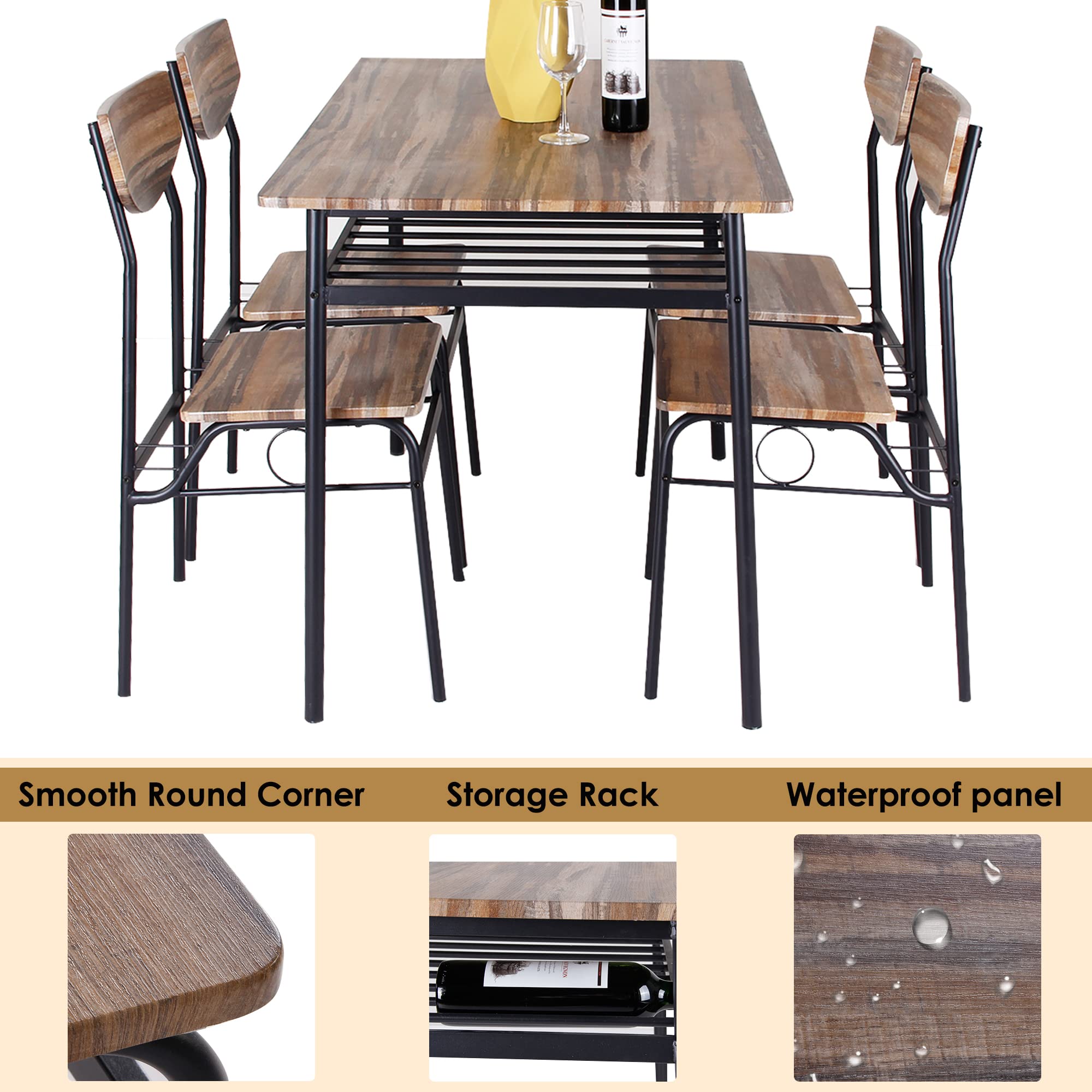 soges 5 Piece Dining Table Set for 4 Person, Kitchen Table and 4 Chairs with Storage Rack, Modern Dining Room Set Bistro Table Set Dinette Set with Wooden Top and Metal Legs, 10FJHYDS01OK