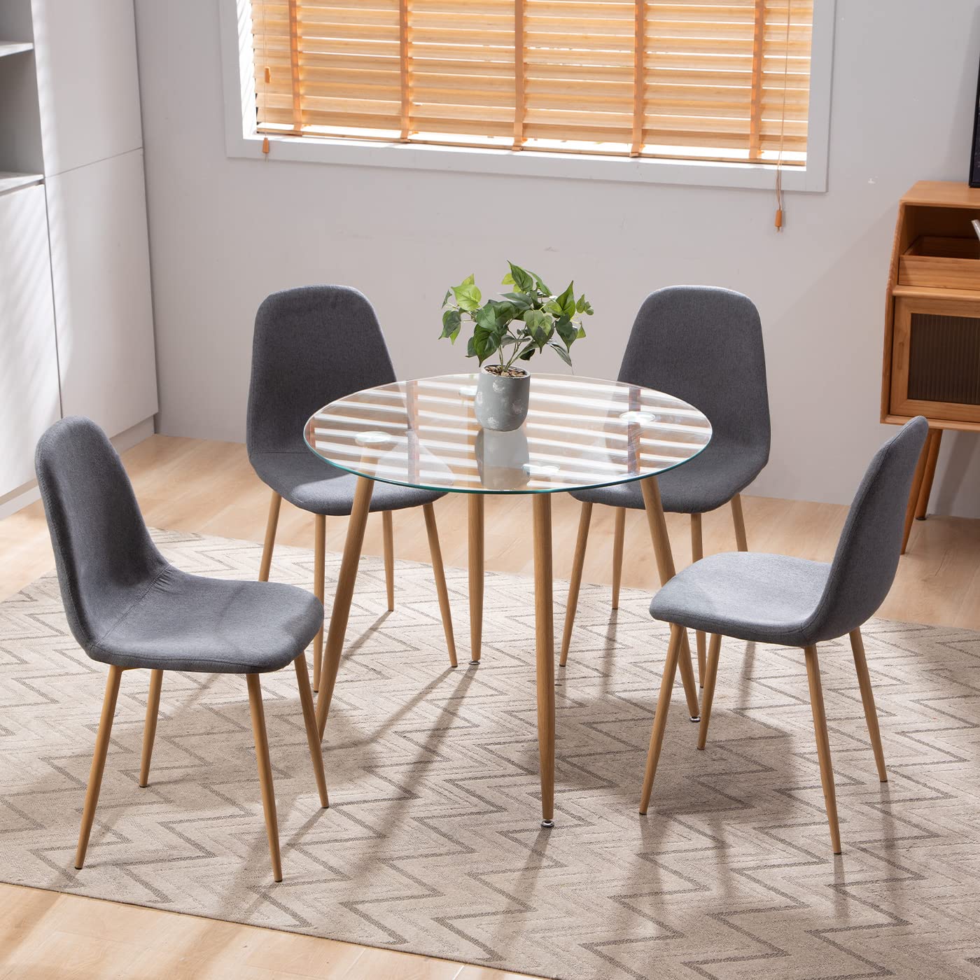 Bacyion 5 Pieces Dining Table Set for 4, Round Glass Dining Table and Fabric Chairs with Metal Legs, Modern Table and Chairs for Dining Room and Kitchen