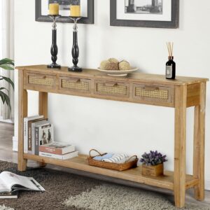 wnutrees farmhouse console table with 4 rattan drawers, 60" long narrow boho foyer sofa tables with open storage shelves for entryway,hallway,living room, natural