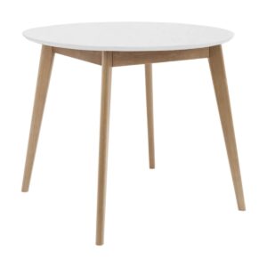 DAIVA CASA Orion Round Table for 4 Person - Birch Solid Wood Kitchen & Dining Room Furniture - Mid Century Modern Scandinavian Style – White Brown Table 37 inch