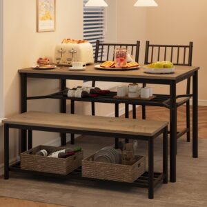 GAOMON Dining Table Set for 4, Kitchen Table and Chairs for 4 with Wine Rack, Dining Room Table Set with Bench, Rectangular Kitchen Table Set for Small Space, Apartment, Studio, Retro Gray