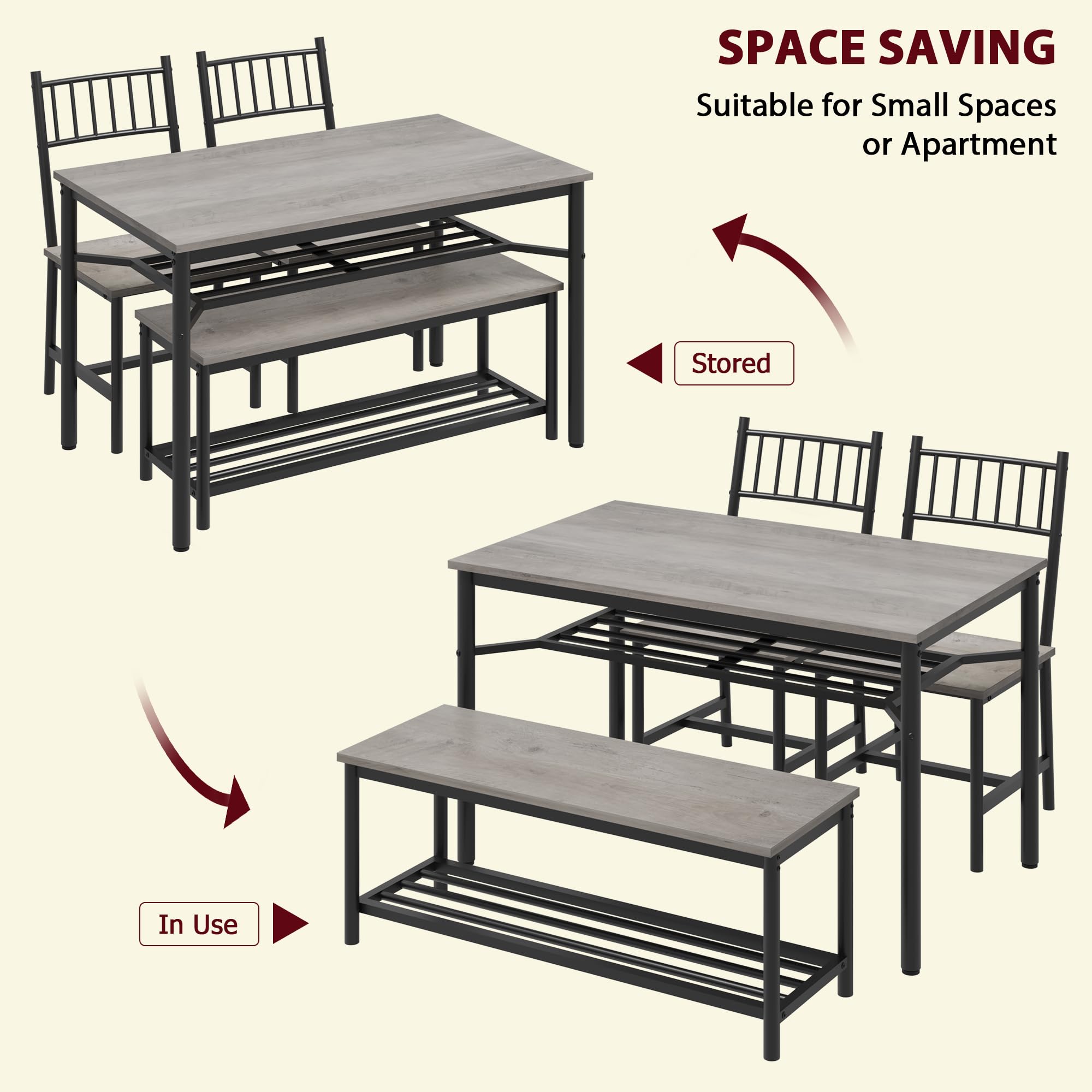 GAOMON Dining Table Set for 4, Kitchen Table and Chairs for 4 with Wine Rack, Dining Room Table Set with Bench, Rectangular Kitchen Table Set for Small Space, Apartment, Studio, Retro Gray