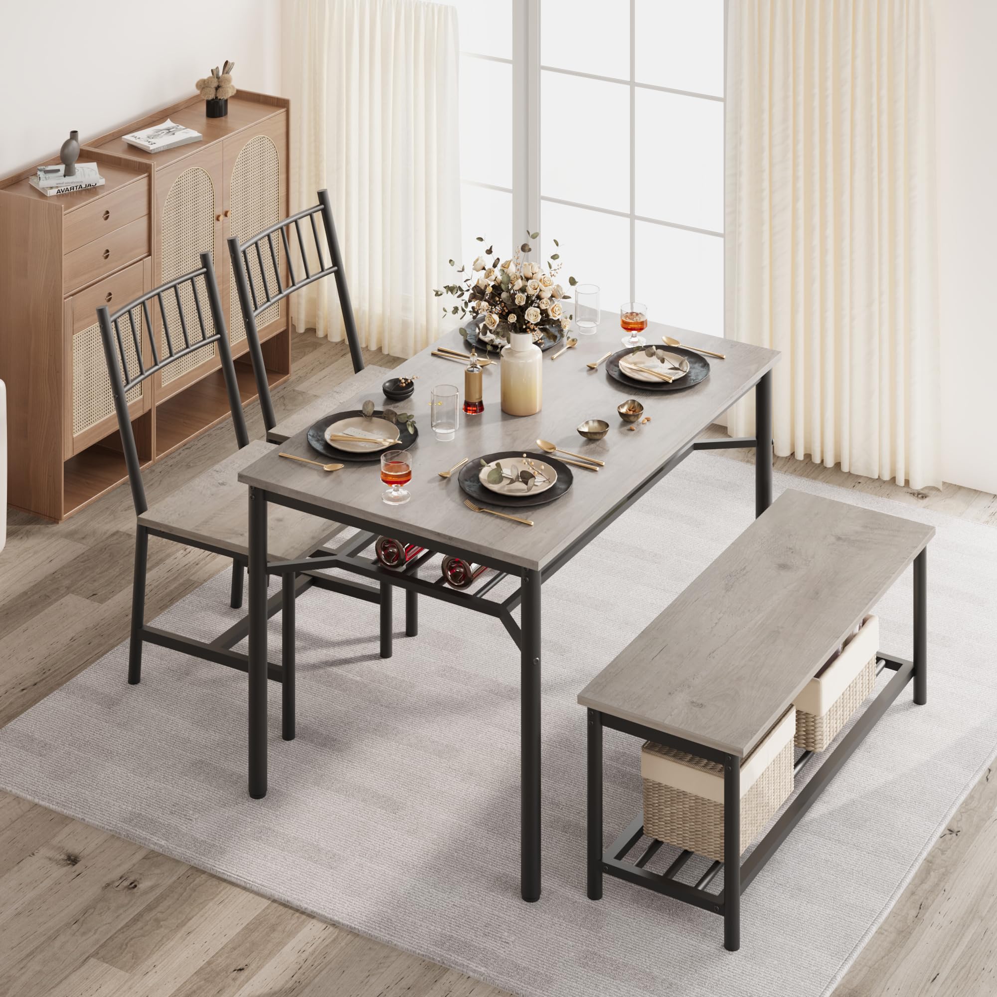 GAOMON Dining Table Set for 4, Kitchen Table and Chairs for 4 with Wine Rack, Dining Room Table Set with Bench, Rectangular Kitchen Table Set for Small Space, Apartment, Studio, Retro Gray