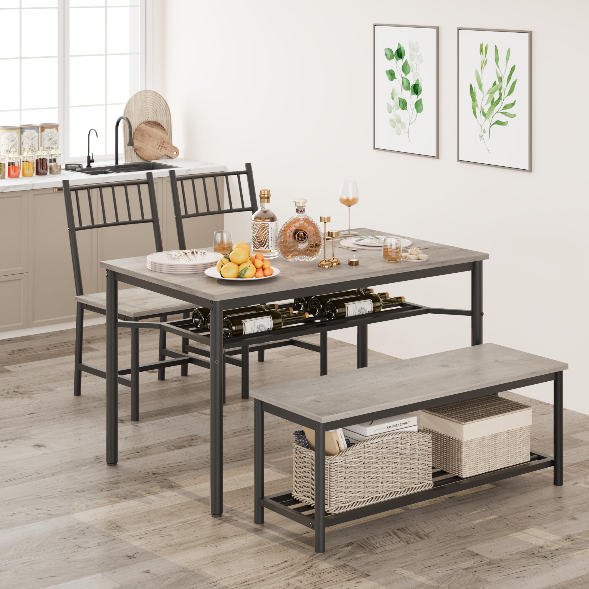 GAOMON Dining Table Set for 4, Kitchen Table and Chairs for 4 with Wine Rack, Dining Room Table Set with Bench, Rectangular Kitchen Table Set for Small Space, Apartment, Studio, Retro Gray