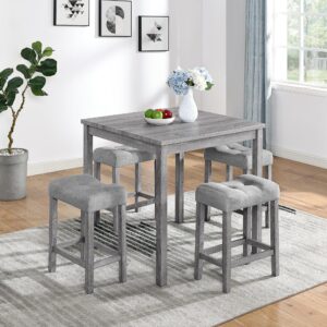glanzend 5 piece square, industrial breakfast table + 4 upholstered stools, bistro dining set, for living, small apartment, farmhouse, game room, gray