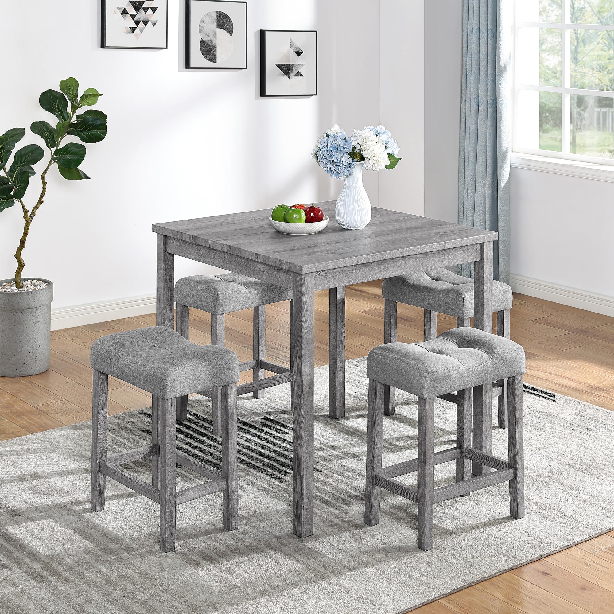 GLANZEND 5 Piece Square, Industrial Breakfast Table + 4 Upholstered Stools, Bistro Dining Set, for Living, Small Apartment, Farmhouse, Game Room, Gray