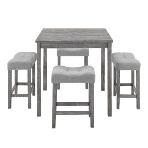 GLANZEND 5 Piece Square, Industrial Breakfast Table + 4 Upholstered Stools, Bistro Dining Set, for Living, Small Apartment, Farmhouse, Game Room, Gray