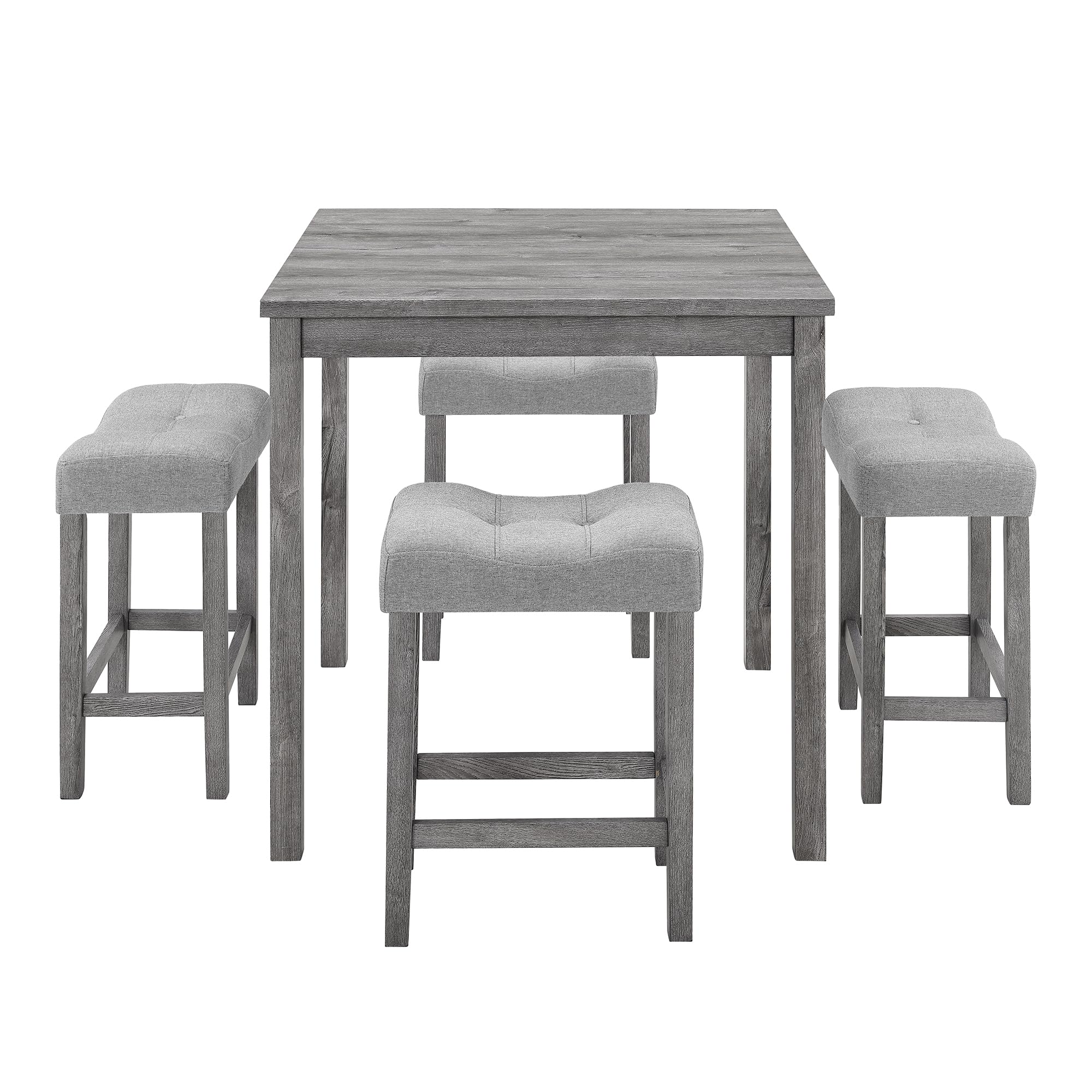 GLANZEND 5 Piece Square, Industrial Breakfast Table + 4 Upholstered Stools, Bistro Dining Set, for Living, Small Apartment, Farmhouse, Game Room, Gray