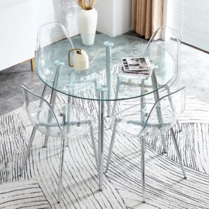 deolme modern dining table set, round glass table and 4 clear acrylic chairs, sturdy chrome legs, easy to clean, for kitchen and living room