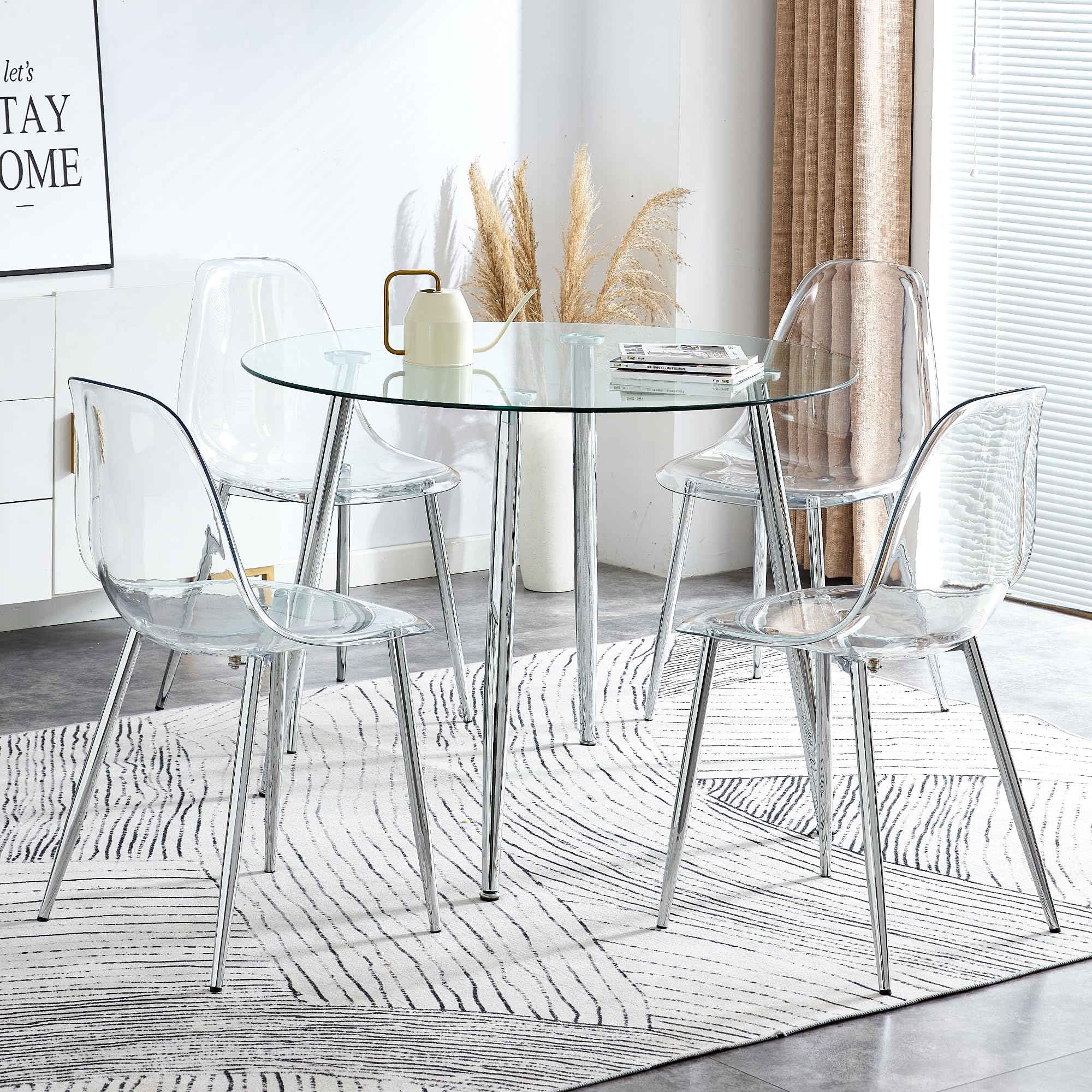 Deolme Modern Dining Table Set, Round Glass Table and 4 Clear Acrylic Chairs, Sturdy Chrome Legs, Easy to Clean, for Kitchen and Living Room