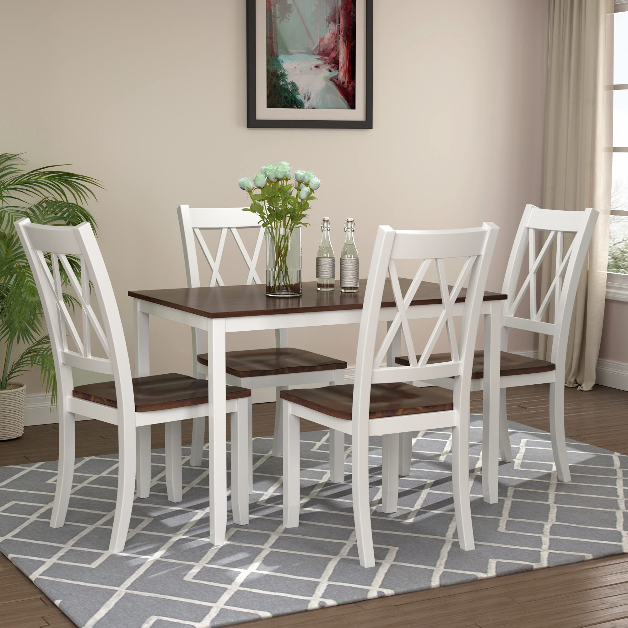 Harper & Bright Designs 5 Piece Dining Table Set, Wood Kitchen Table Set with Table and 4 Chairs, Ivory White and Cherry