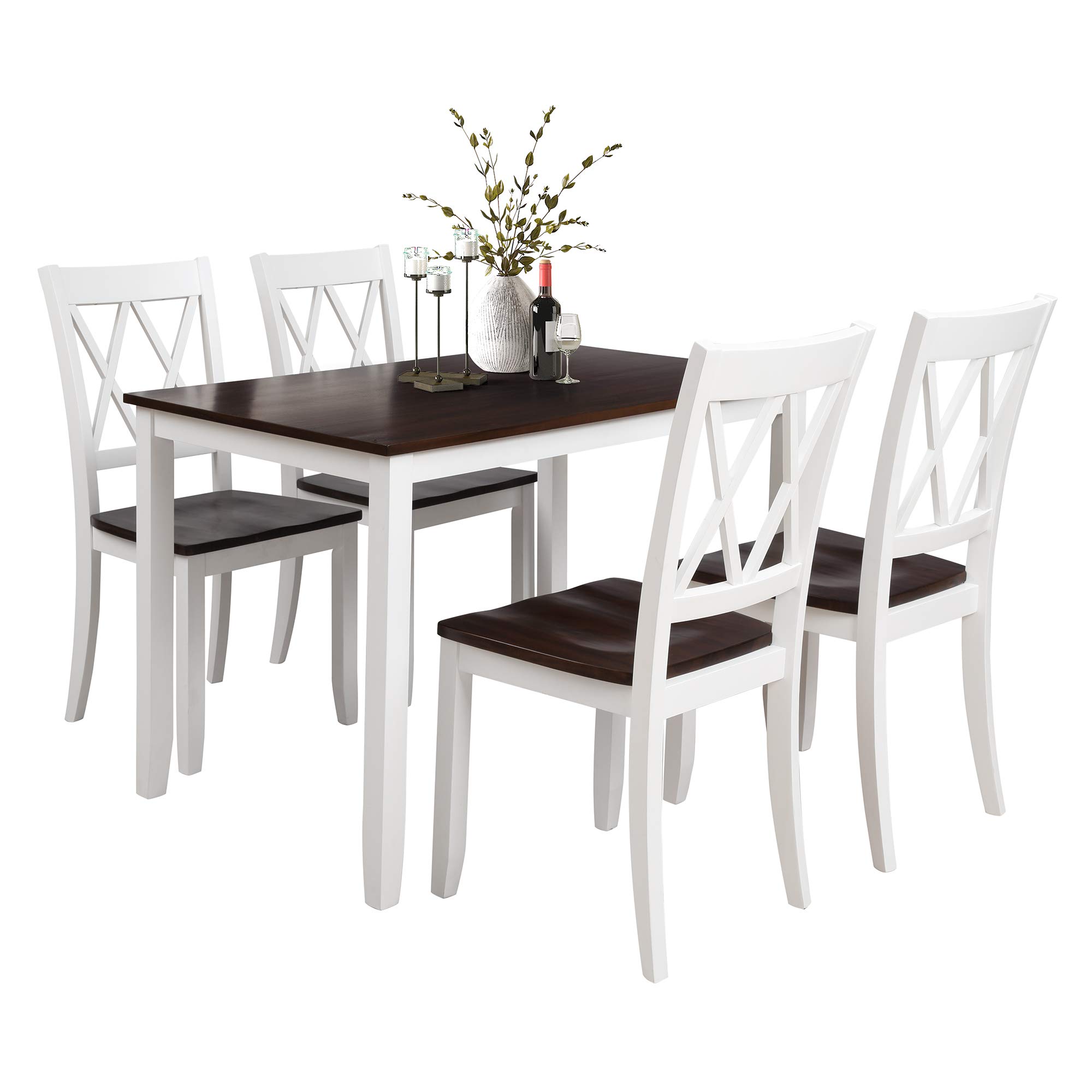 Harper & Bright Designs 5 Piece Dining Table Set, Wood Kitchen Table Set with Table and 4 Chairs, Ivory White and Cherry