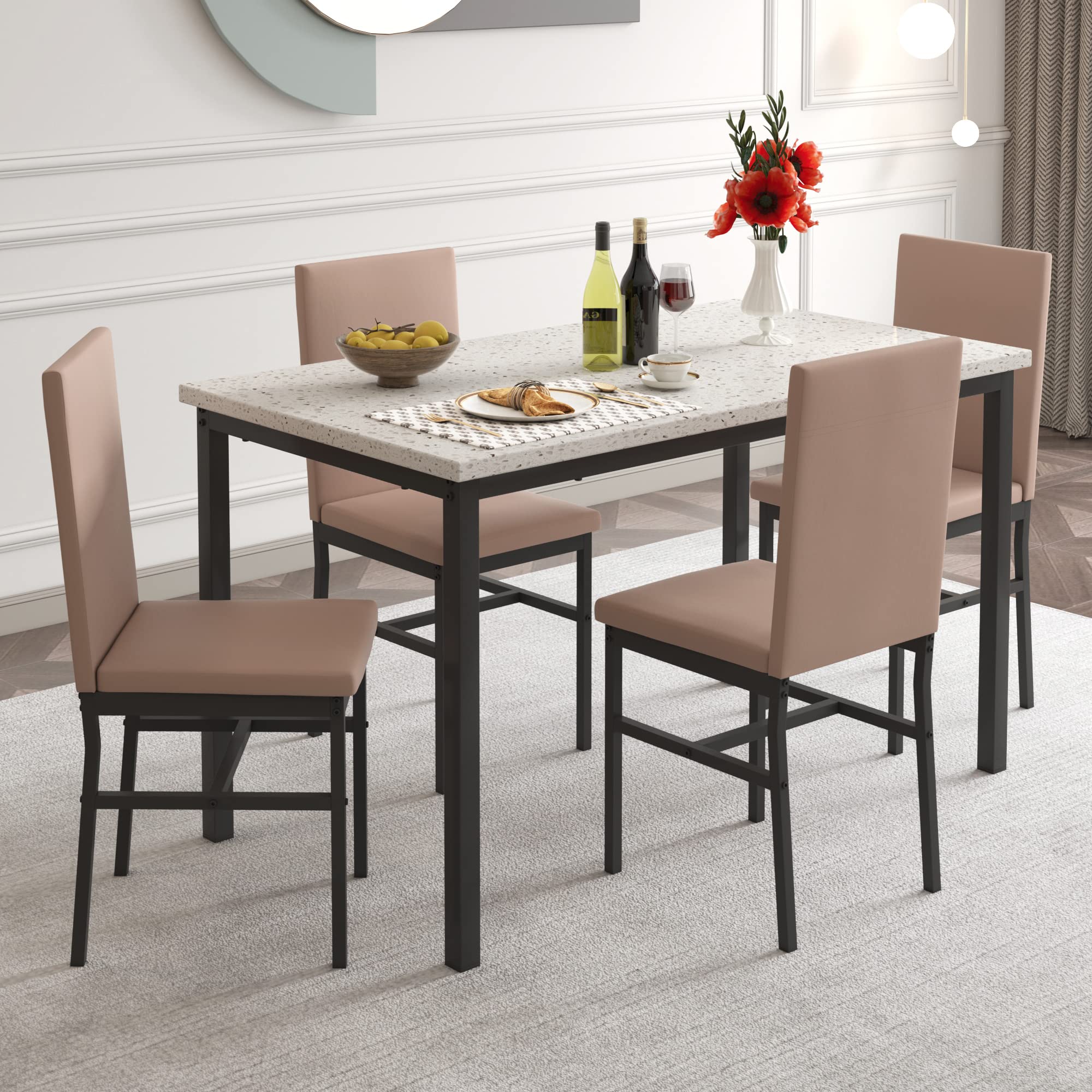 YOFE Dining Table Set for 4, Kitchen Table with 4 Chairs,Faux Marble Tabletop & 4 Leather Upholstered Chairs for Dining Room,Kitchen, Dinette, Breakfast Nook (Pink+White)