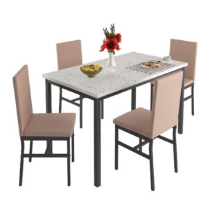 YOFE Dining Table Set for 4, Kitchen Table with 4 Chairs,Faux Marble Tabletop & 4 Leather Upholstered Chairs for Dining Room,Kitchen, Dinette, Breakfast Nook (Pink+White)