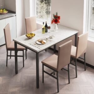 YOFE Dining Table Set for 4, Kitchen Table with 4 Chairs,Faux Marble Tabletop & 4 Leather Upholstered Chairs for Dining Room,Kitchen, Dinette, Breakfast Nook (Pink+White)