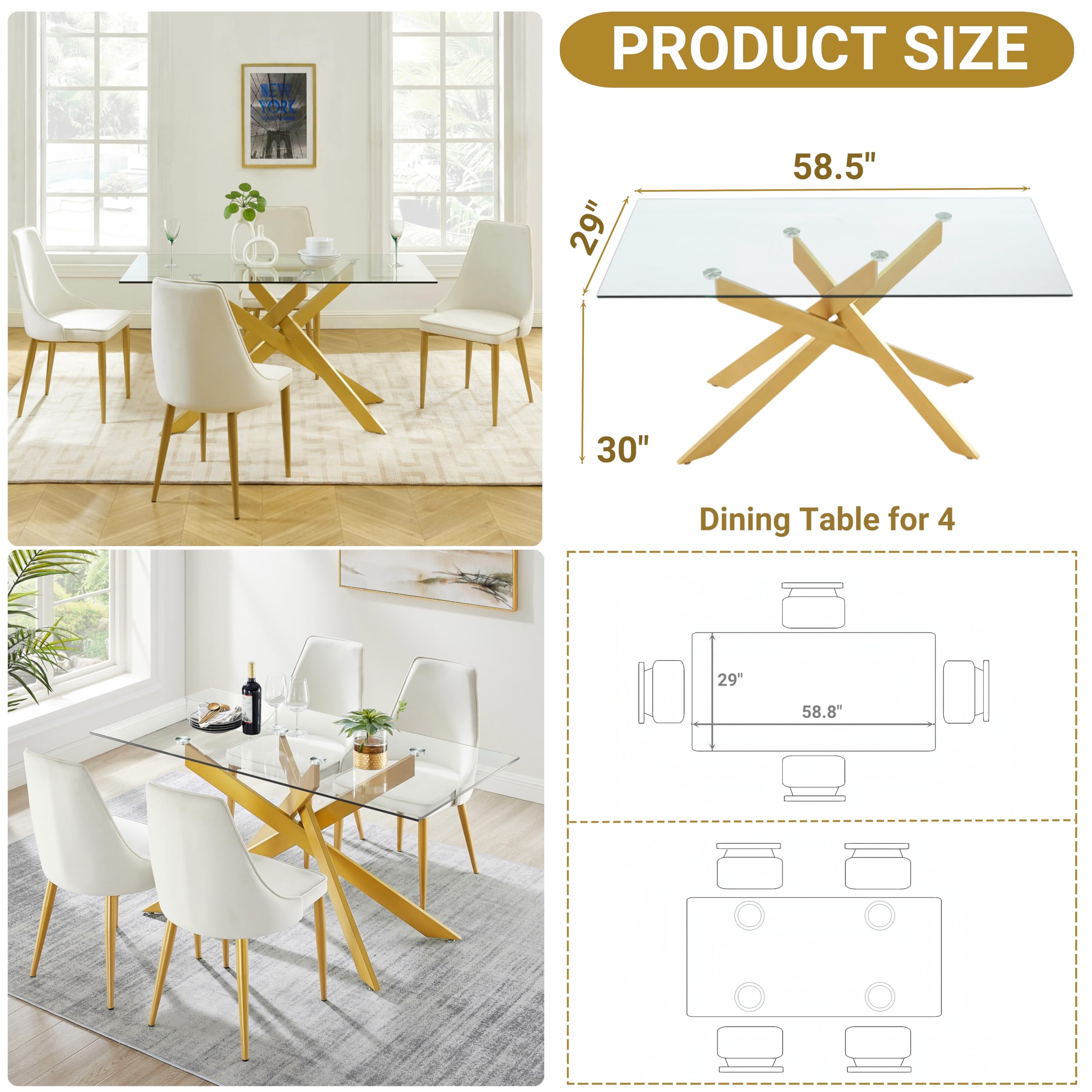 Edwin's Choice 58.5” Rectangle Glass Dining Table, Tempered Glass Table Top and Metal Tubular Legs, Modern Style Table for Home, Kitchen, Dining Room 58.5”Lx29”Wx30”H, Gold (Table Only)