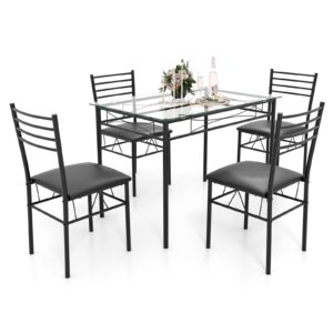 NAFORT 5-Piece Dining Table Set for 4, Modern 3/8’’ Tempered Glass Kitchen Room Table with 4 Upholstered Dining Chairs, Space-Saving Dinette Tables with Metal Frame for Apartment, Office