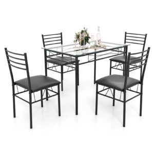 nafort 5-piece dining table set for 4, modern 3/8’’ tempered glass kitchen room table with 4 upholstered dining chairs, space-saving dinette tables with metal frame for apartment, office