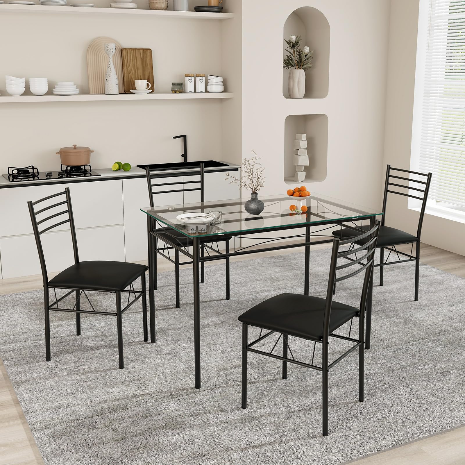 NAFORT 5-Piece Dining Table Set for 4, Modern 3/8’’ Tempered Glass Kitchen Room Table with 4 Upholstered Dining Chairs, Space-Saving Dinette Tables with Metal Frame for Apartment, Office