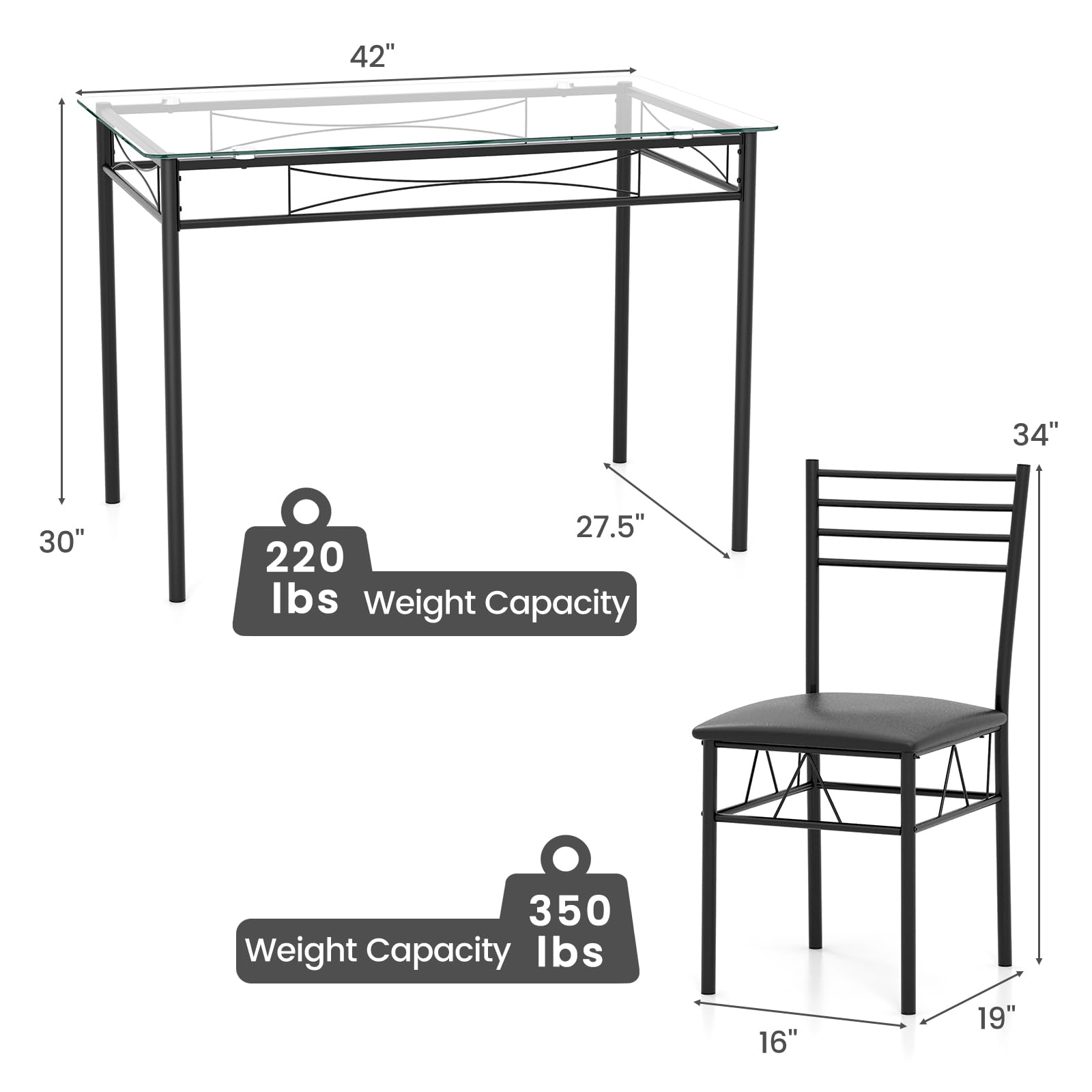 NAFORT 5-Piece Dining Table Set for 4, Modern 3/8’’ Tempered Glass Kitchen Room Table with 4 Upholstered Dining Chairs, Space-Saving Dinette Tables with Metal Frame for Apartment, Office