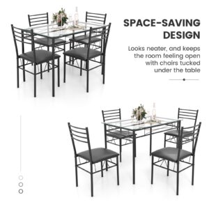 NAFORT 5-Piece Dining Table Set for 4, Modern 3/8’’ Tempered Glass Kitchen Room Table with 4 Upholstered Dining Chairs, Space-Saving Dinette Tables with Metal Frame for Apartment, Office