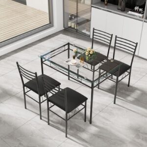 NAFORT 5-Piece Dining Table Set for 4, Modern 3/8’’ Tempered Glass Kitchen Room Table with 4 Upholstered Dining Chairs, Space-Saving Dinette Tables with Metal Frame for Apartment, Office