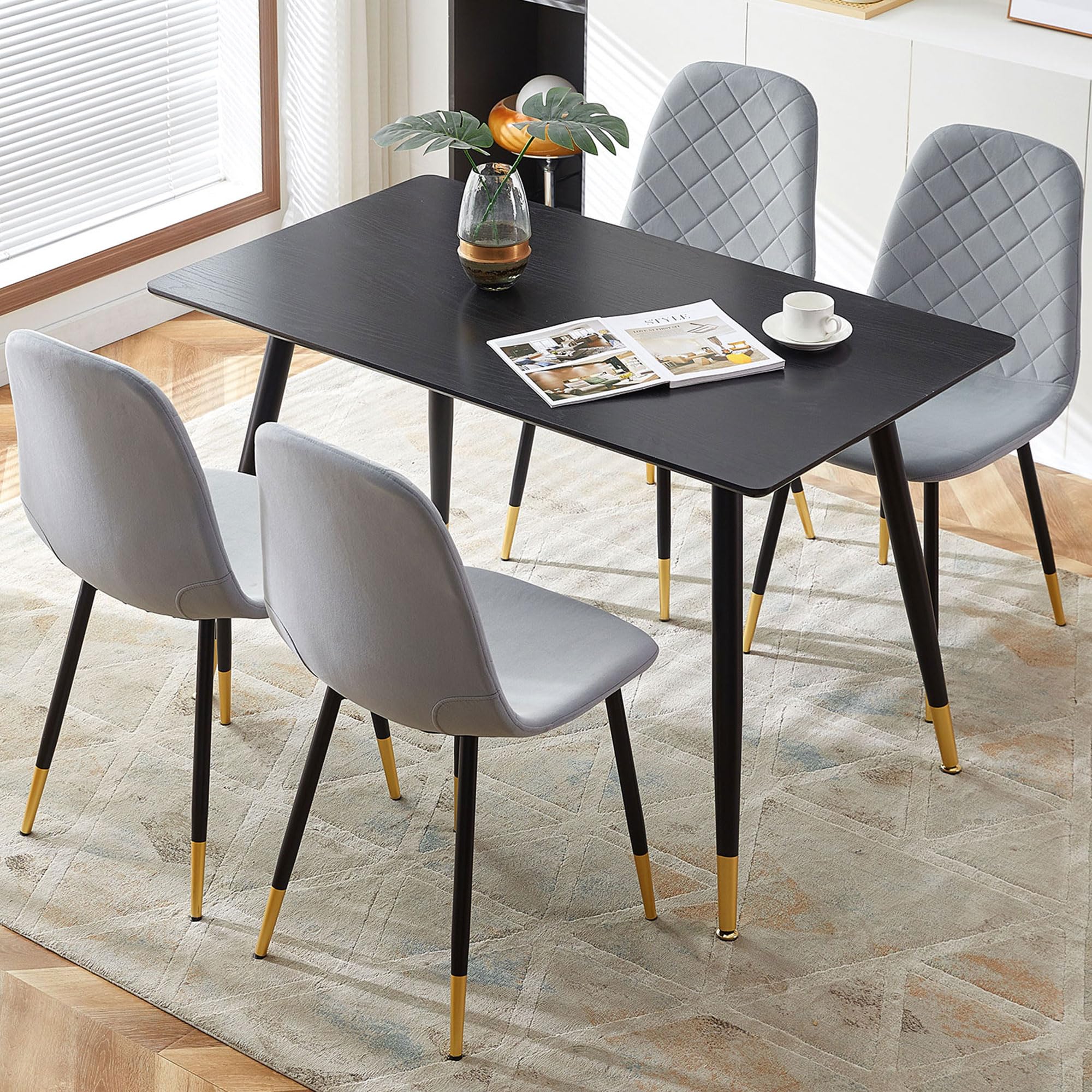 Homedot 5 Pieces Dining Room Set for 4, 47" Modern Rectangular Dining Table & 4 Elegant Velvet High-Back Dining Chair with Sturdy Metal Legs for Kitchen,Dining,Living Room