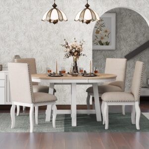 harper & bright designs trexm 5-piece farmhouse dining table set wood round extendable dining table and 4 upholstered dining chairs (oak natural wood + antique white)